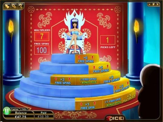 Click on the steps to earn extra free spins and bonus picks. Try to reach the queen.