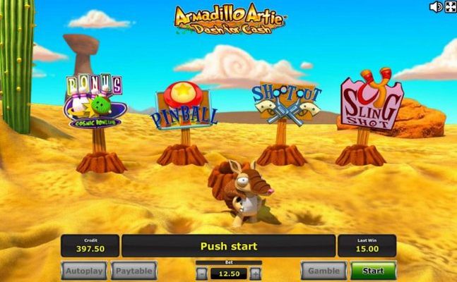 Bonus game board - Armadillo Artie will jump into the hole and randomly popup at one of the bonus features