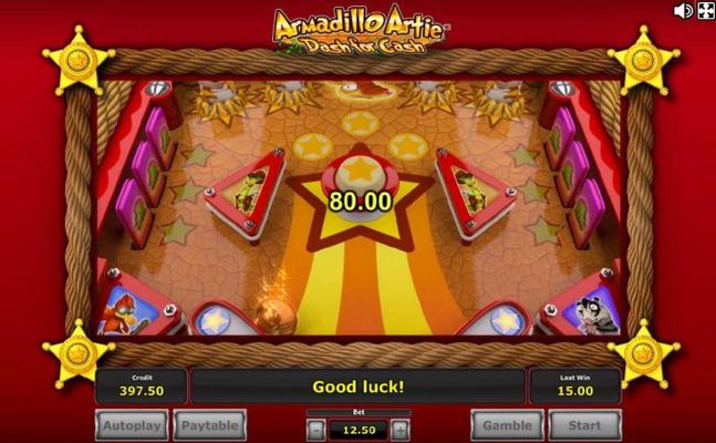 Pinball feature game board - Armadillo Artie will bounce around the game board collecting prize awards for you.