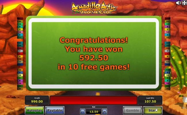 Free Spins features pays out a total of 592.50 for a big win!
