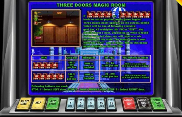 4 or 5 Mr Fix symbols landing on an active payline triggers the Three Doors Magic Room bous feature.