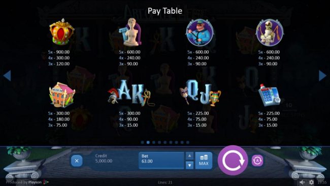 Slot game symbols paytable.