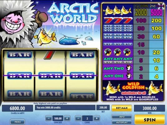 A winning Three of a Kind pays a 3000.00 jackpot.