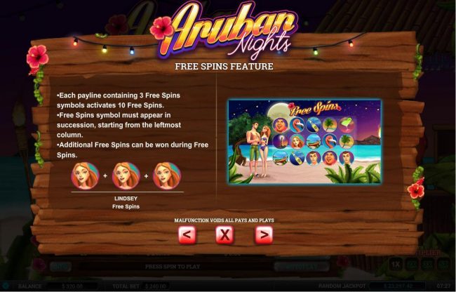 Free Spins feature - 3 Lindsey symbols activates 10 free spins.