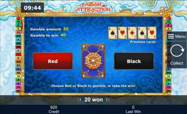 Gamble Feature - To gamble any win press Gamble then select Red or Black.