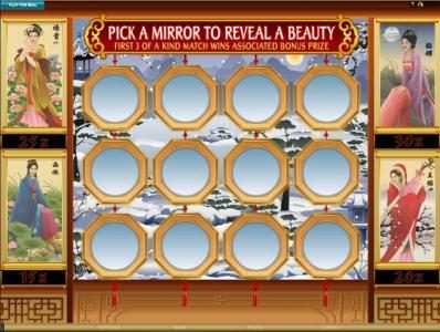 pick a mrror to reveal a beauty. first 3 of a kind match wins associated bonus prize