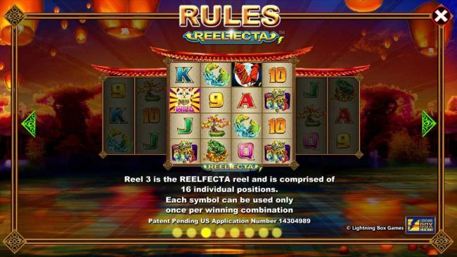 Reel 3 is the Reelfecta reel and is comprised of 16 individual positions. Each symbol can be used only once per winning combination.