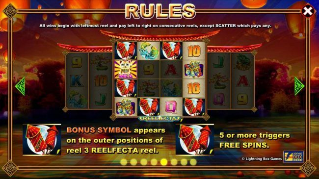 Bonus symbol appears on the outer positions of reel 3 Reelfecta reel. Five or more Bonus symbols triggers Free Spins.