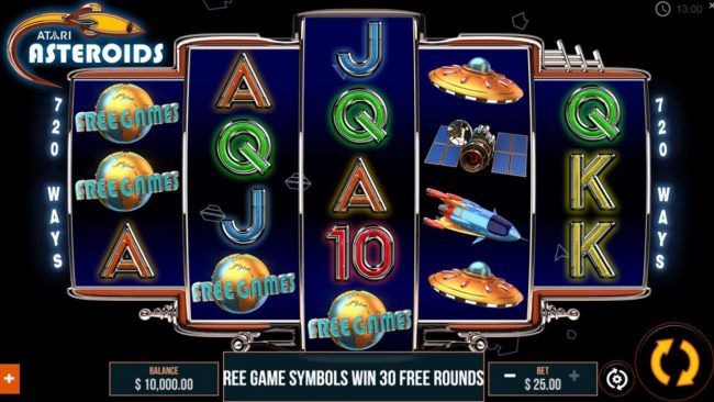 Main game board featuring five reels and 720 ways to win with a $15,000 max payout.