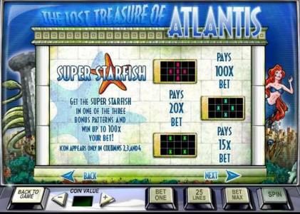 super starfish - get the super starfish in one of the three bonus patterns and win up to 100x your bet