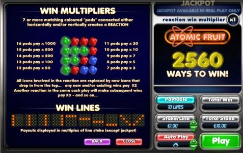 win multipliers and payline diagrams