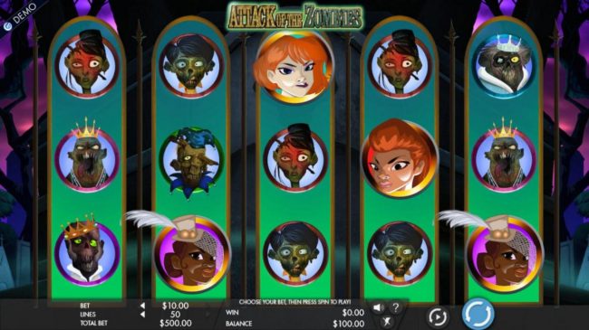 Main game board featuring five reels and 50 paylines with a $7,500 max payout