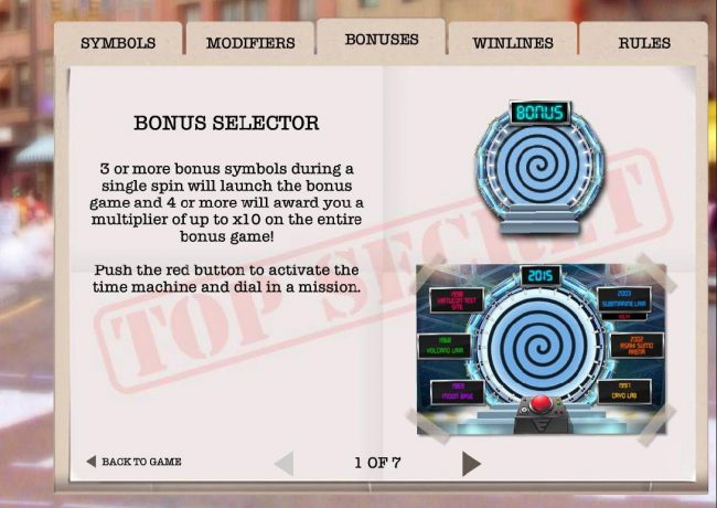 3 or more bonus selector symbols during a single spin will launch the bonus game and 4 or more will award you a multiplier of up to x10 on the entire bonus game!