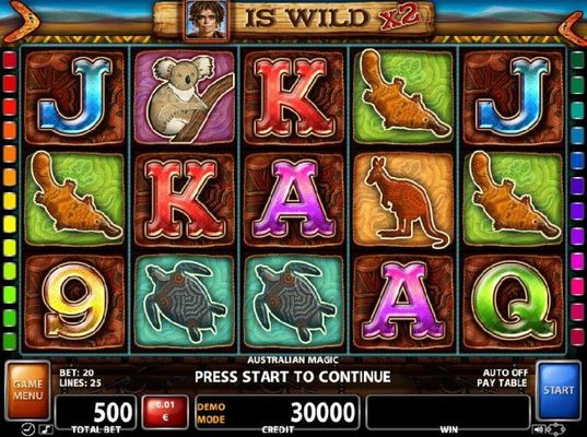An Australian Outback themed main game board featuring five reels and 25 paylines with a $200,000 max payout