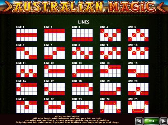 Payline Diagrams 1-25. All wins begin with the leftmost reel and pay left to right on adjacent reels only, except scatters which pay on any position.