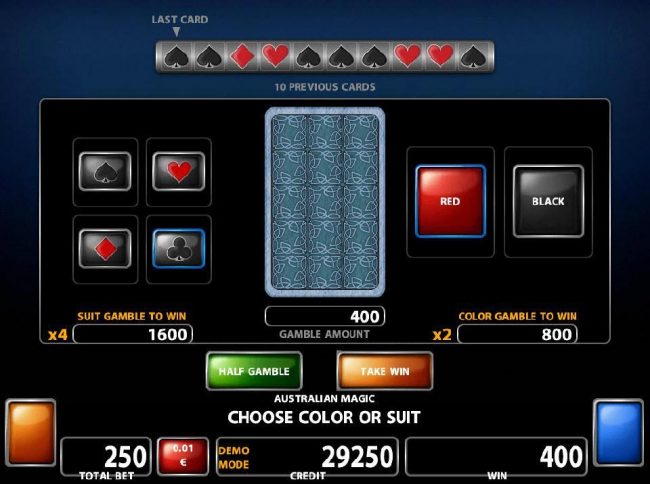 Double Up gamble feature is available after every winning spin. Select the correct color or suit for a chance to double your winnings.