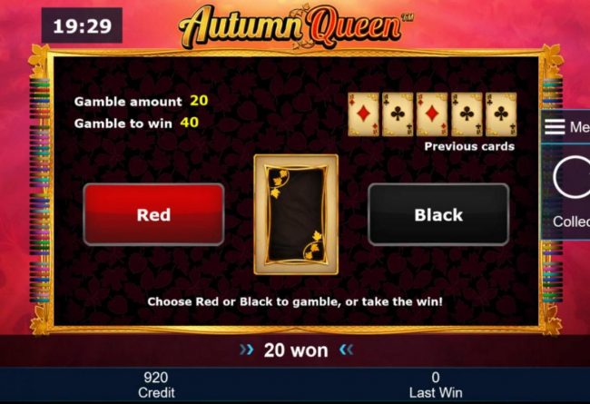 Gamble Feature - To gamble any win press Gamble then select Red or Black.