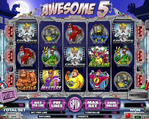 A cartoon super hero themed main game board featuring five reels and 5 paylines with a $15,000 max payout.