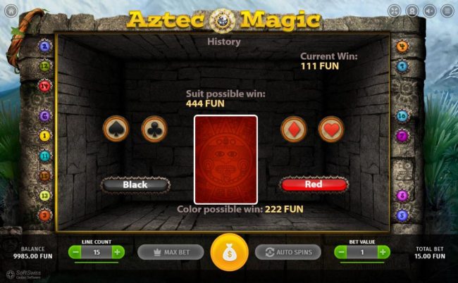 Gamble Feature Rules - The feature is available after each winning spin. Last win amount becomes your stake in the Gamble game. Your goal is to guess the color or suit of the next card drawn.