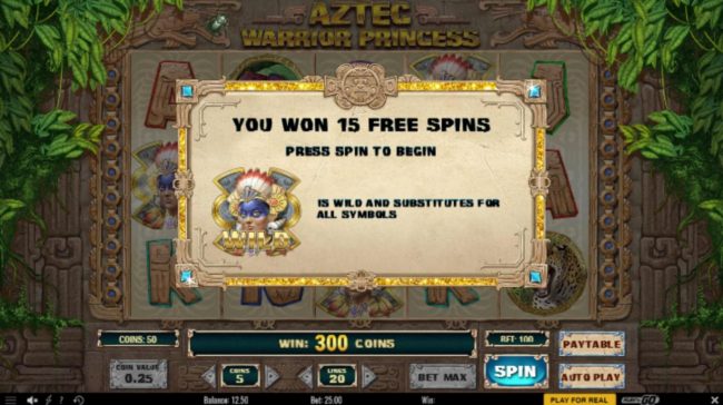 15 free spins awarded and the warrior princess scatter symbol is also wild during the free spins feature.