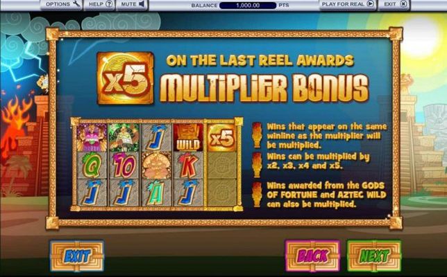 A multiplier on the last reel awards the Multiplier Bonus. Wins that appear on the same winline as the multiplier will be multplied.
