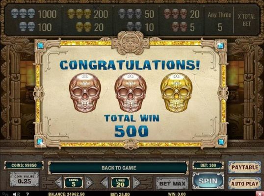 Bonus feature pays out a total of 500 coins for a big win.
