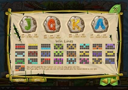 Slot game symbols paytable and payline diagrams