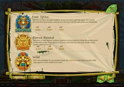 Free Spins, Bonus Round and Wild symbols paytable