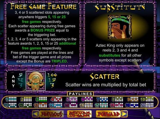 3, 4 or 5 scattered idols appearing anywhere on the reels triggers 5, 15 or 25 free games respectively. Aztec King is wild wild and only appears on reels 2, 3 and 4 and substitutes for all other symbols except scatters
