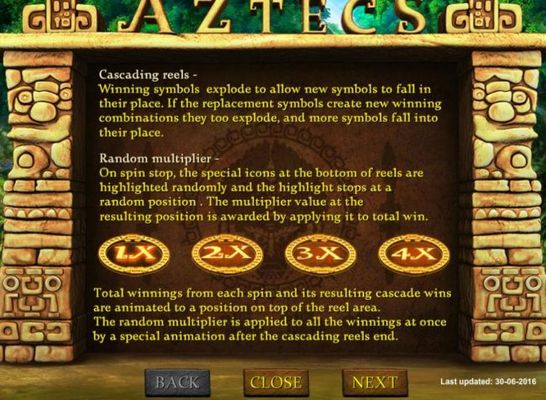 Cascading reels and Random multiplier game rules.