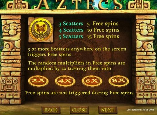 3 or more scatters anywhere on the screen triggers free spins.