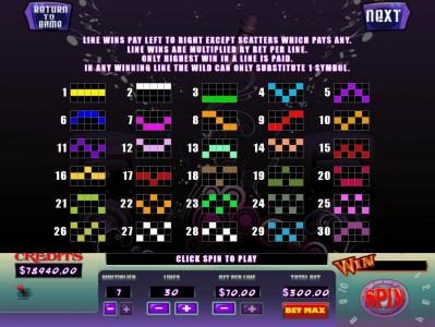 Payline Diagrams 1-30 Line wins pay left to right except scatters which pays any.