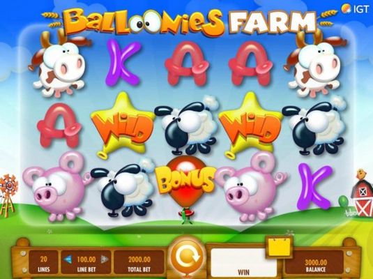 A farm animal themed main game board featuring five reels and 20 paylines with a $250,000 max payout