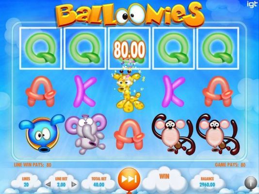 A five of a kind awards an 80.00 line pay. Floating Reel Feature is triggered with every winning combination. Winning symbols are removed and replaced with new symbols from below.