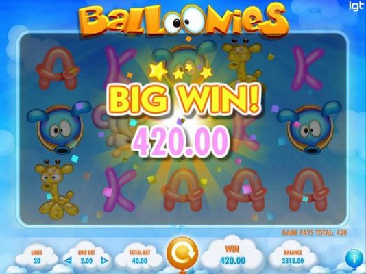 A 420.00 Big Win triggered by a 5x star multiplier and a five of a kind.