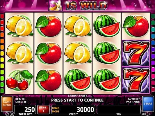 A classic fruit themed main game board featuring five reels and 25 paylines with a $125,000 max payout