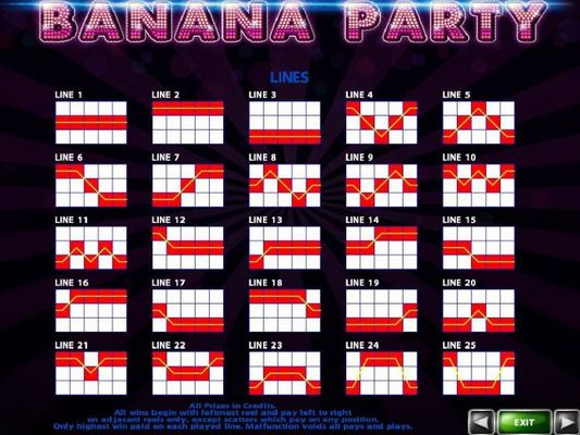 Payline Diagrams 1-25. All wins begin with the leftmost reel and pay left to right on adjacent reels only, except scatters which pay on any position.