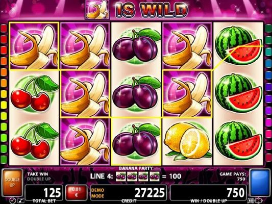 Banana wilds and plum symbols form multiple winning combinations leading to a 750 coin jackpot.