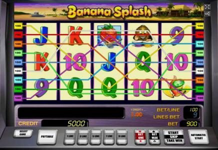 Main game board featuring five reels and 9 paylines with a $150,000 max payout. The game features a tropical fruit theme.