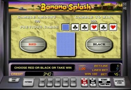 Gamble feature is available after each winning spin. Select color or suit to play.