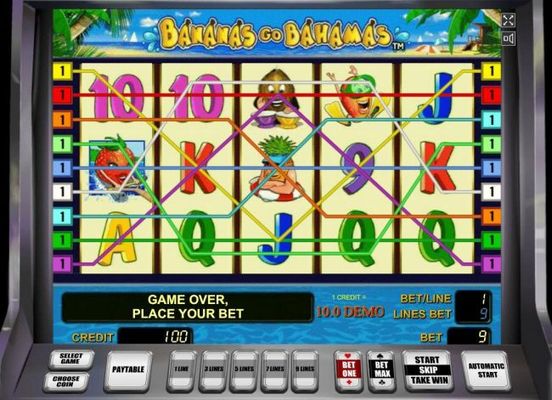 A tropical vacation themed main game board featuring five reels and 9 paylines with a $90,000 max payout