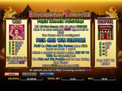 wild, scatter and free games feature paytable and rules