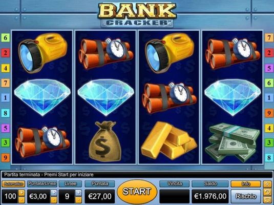 Main game board featuring four reels and 9 paylines with a $3,000 max payout