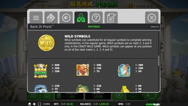 Wild Symbol and High Value Symbols Paytable