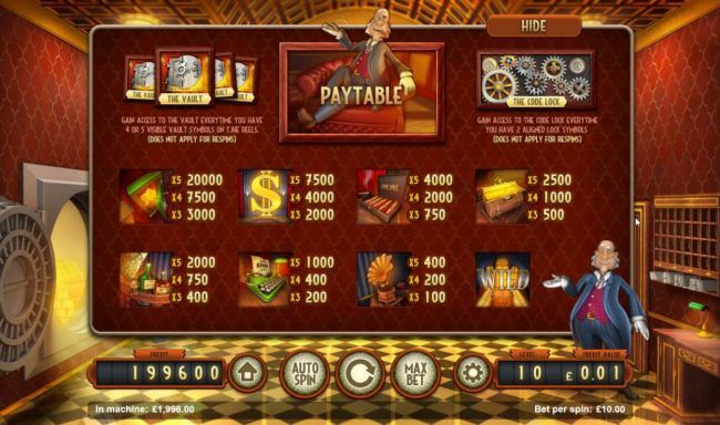 Slot game symbols paytable featuring 1920s banking inspired icons.