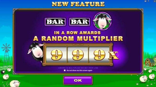 NEW Feature - BAR, BAR, Black Sheep in a row awards a random multiplier up to 999x