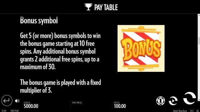 Get 5 or more bonus symbols to win the bonus game starting at 10 free games.