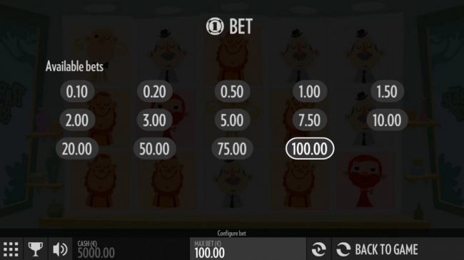 Available Bets - from 0.10 to 100.00