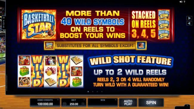 More than 40 wild symbols on reels to boost your wins, stacked on reels 3,4 and 5. Wild Shot feature, up to 2 wild reels, reels 2, 3 or 4 will randomly turn wild with a guaranteed win!
