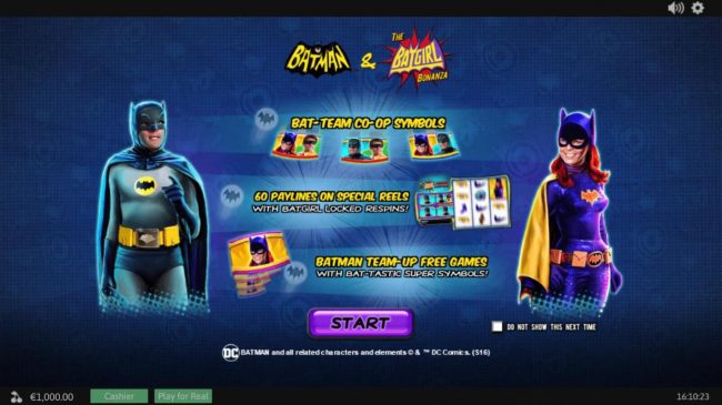 Game features include: Bat-Team Co-op Symbols, 60 Paylines on special reels with Batgirl locked! Batman Team-Up Free Games with bat-tastic super symbols!